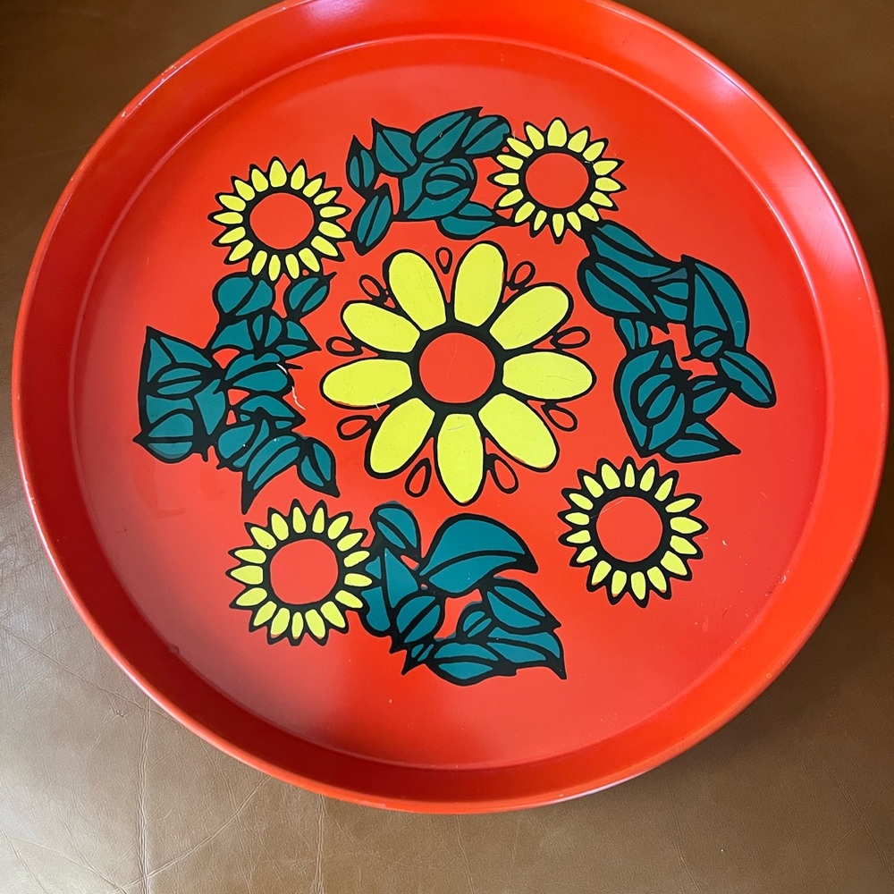Bright Red Floral Serving Tray with Yellow Sunflowers